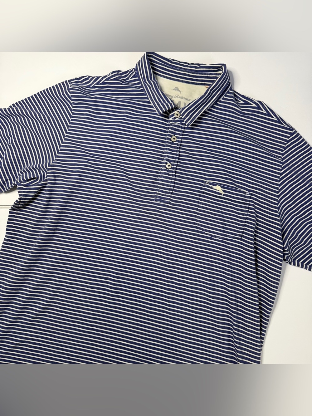 Tommy Bahama Navy and White Striped Polo with Chest Pocket XXL